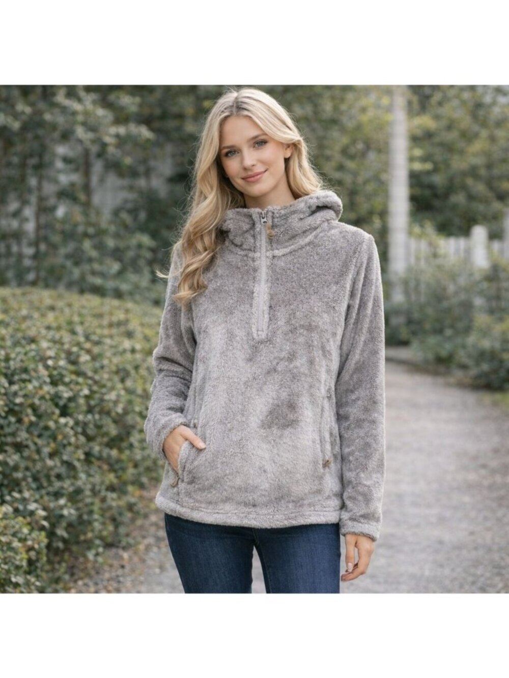 Gerry Hoodie Womens M Gray Half-Zip Plush Fleece Pullover Jacket Zip Pockets